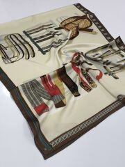 VUAL İPEK ŞAL KEMER DESENLİ KREM KAHVE