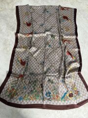 VUAL İPEK ŞAL ÇİÇEKLİ  G BASKILI KAHVERENGİ YEŞİL