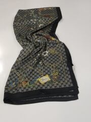 GUCCİ VUAL İPEK ŞAL ÇİÇEKLİ  G BASKILI SİYAH ÇOK RENKLİ