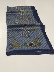 GUCCİ VUAL İPEK ŞAL ÇİÇEKLİ  G BASKILI LACİVERT MAVİ