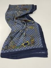GUCCİ VUAL İPEK ŞAL ÇİÇEKLİ  G BASKILI LACİVERT MAVİ