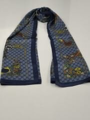 GUCCİ VUAL İPEK ŞAL ÇİÇEKLİ  G BASKILI LACİVERT MAVİ