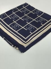 VUAL İPEK ŞAL KARE LOGOLU  LACİVERT KREM