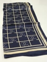 VUAL İPEK ŞAL KARE LOGOLU  LACİVERT KREM