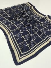 VUAL İPEK ŞAL KARE LOGOLU  LACİVERT KREM