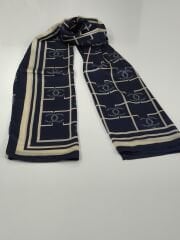 VUAL İPEK ŞAL KARE LOGOLU  LACİVERT KREM