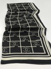 VUAL İPEK ŞAL KARE LOGOLU  SİYAH KIRIK BEYAZ