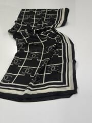 VUAL İPEK ŞAL KARE LOGOLU  SİYAH KIRIK BEYAZ