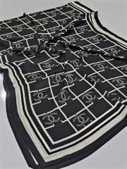 VUAL İPEK ŞAL KARE LOGOLU  SİYAH KIRIK BEYAZ