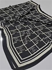 VUAL İPEK ŞAL KARE LOGOLU  SİYAH KIRIK BEYAZ