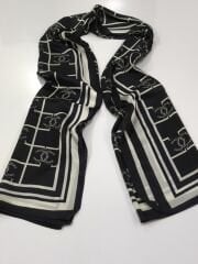 VUAL İPEK ŞAL KARE LOGOLU  SİYAH KIRIK BEYAZ