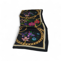 VUAL İPEK ŞAL ÇİÇEKLİ ZİNCİRLİ DESEN SİYAH