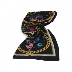 VUAL İPEK ŞAL ÇİÇEKLİ ZİNCİRLİ DESEN SİYAH