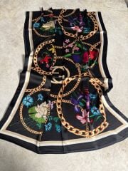 GUCCİ VUAL İPEK ŞAL ÇİÇEKLİ ZİNCİRLİ DESEN SİYAH