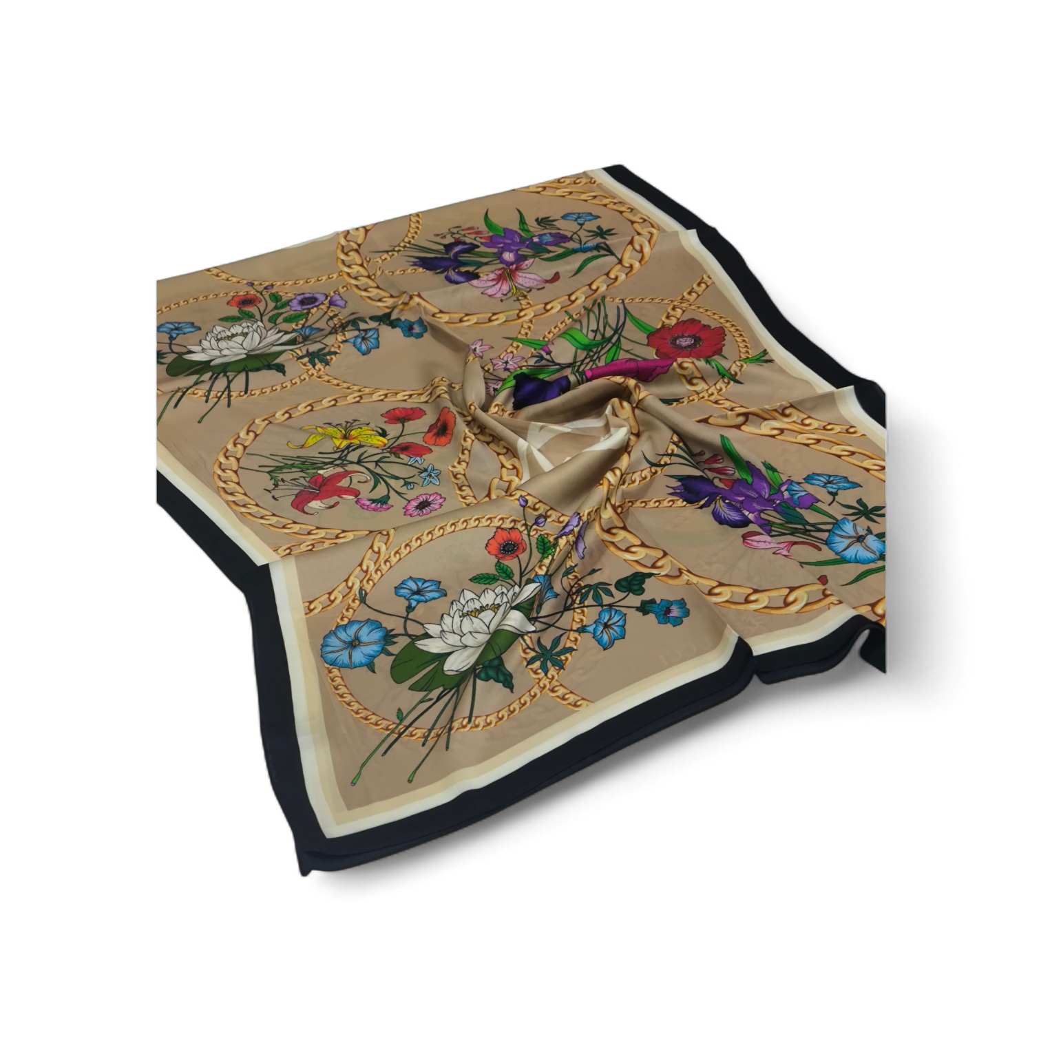 VUAL İPEK ŞAL ÇİÇEKLİ ZİNCİRLİ DESEN GOLD SİYAH