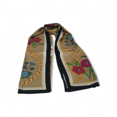 VUAL İPEK ŞAL ÇİÇEKLİ ZİNCİRLİ DESEN GOLD SİYAH