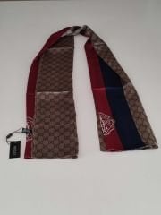 GUCCİ AMBLEM DESEN VUAL İPEK ŞAL LACİVERT BORDO VİZON