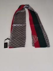 GUCCİ AMBLEM DESEN VUAL İPEK ŞAL GÜMÜŞ YEŞİL BORDO