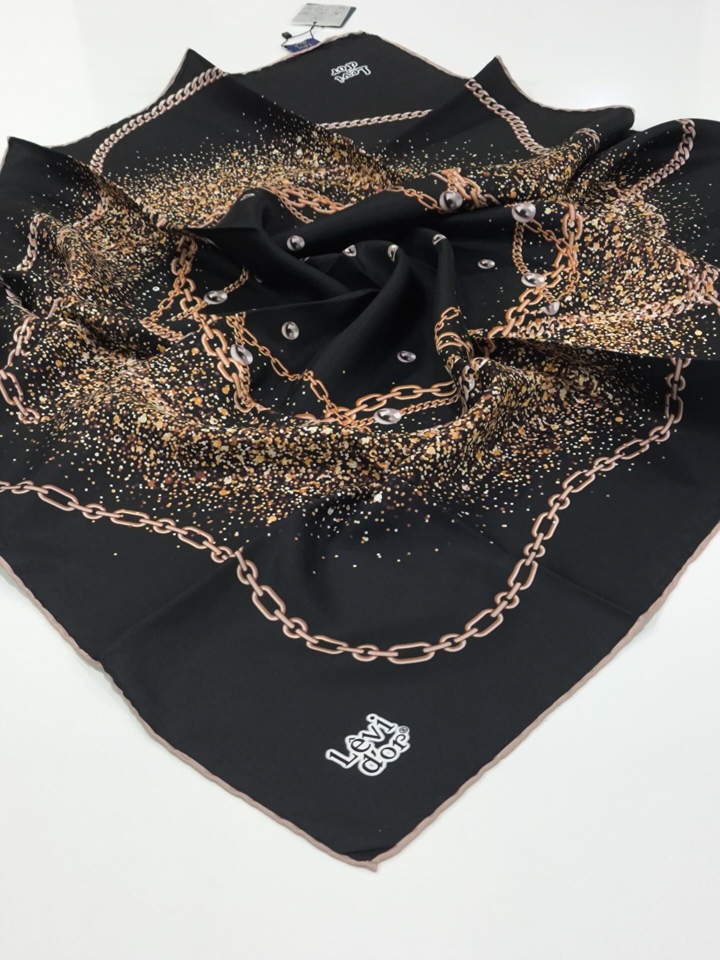 LEVİDOR TİVİL İPEK EŞARP ZİNCİR MODEL SİYAH PUDRA 3644-1