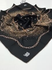 LEVİDOR TİVİL İPEK EŞARP ZİNCİR MODEL SİYAH PUDRA 3644-1