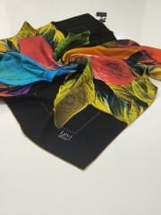 LEVİDOR TİVİL İPEK  EŞARP YAPRAK DESEN SİYAH SARI 1001-2