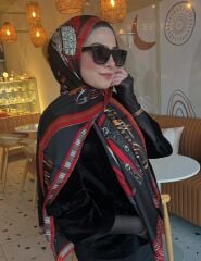 HERMES VUAL İPEK ŞAL KEMER DESENLİ SİYAH KIRMIZI