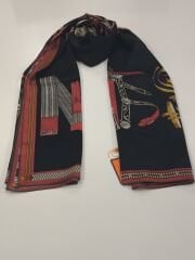 HERMES VUAL İPEK ŞAL KEMER DESENLİ SİYAH KIRMIZI