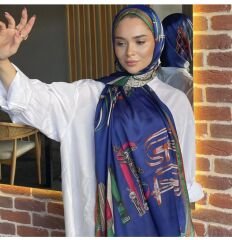 VUAL İPEK ŞAL KEMER DESENLİ SAKS YEŞİL