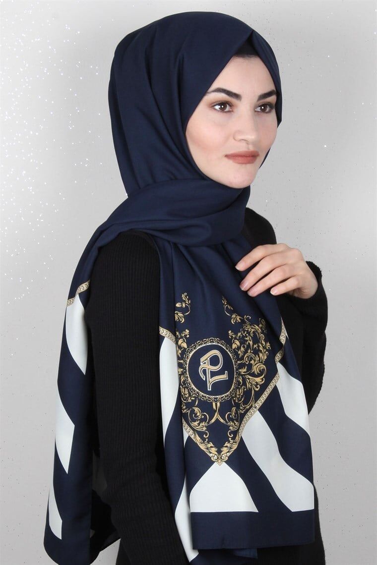 CARDİON MEDİNE İPEĞİ ŞAL BAROK DESEN  LACİVERT KREM