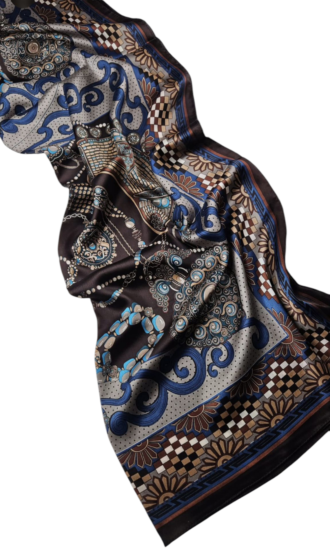 HERMES VUAL İPEK ŞAL MÜCEVHER DESEN KAHVE MAVİ VİZON