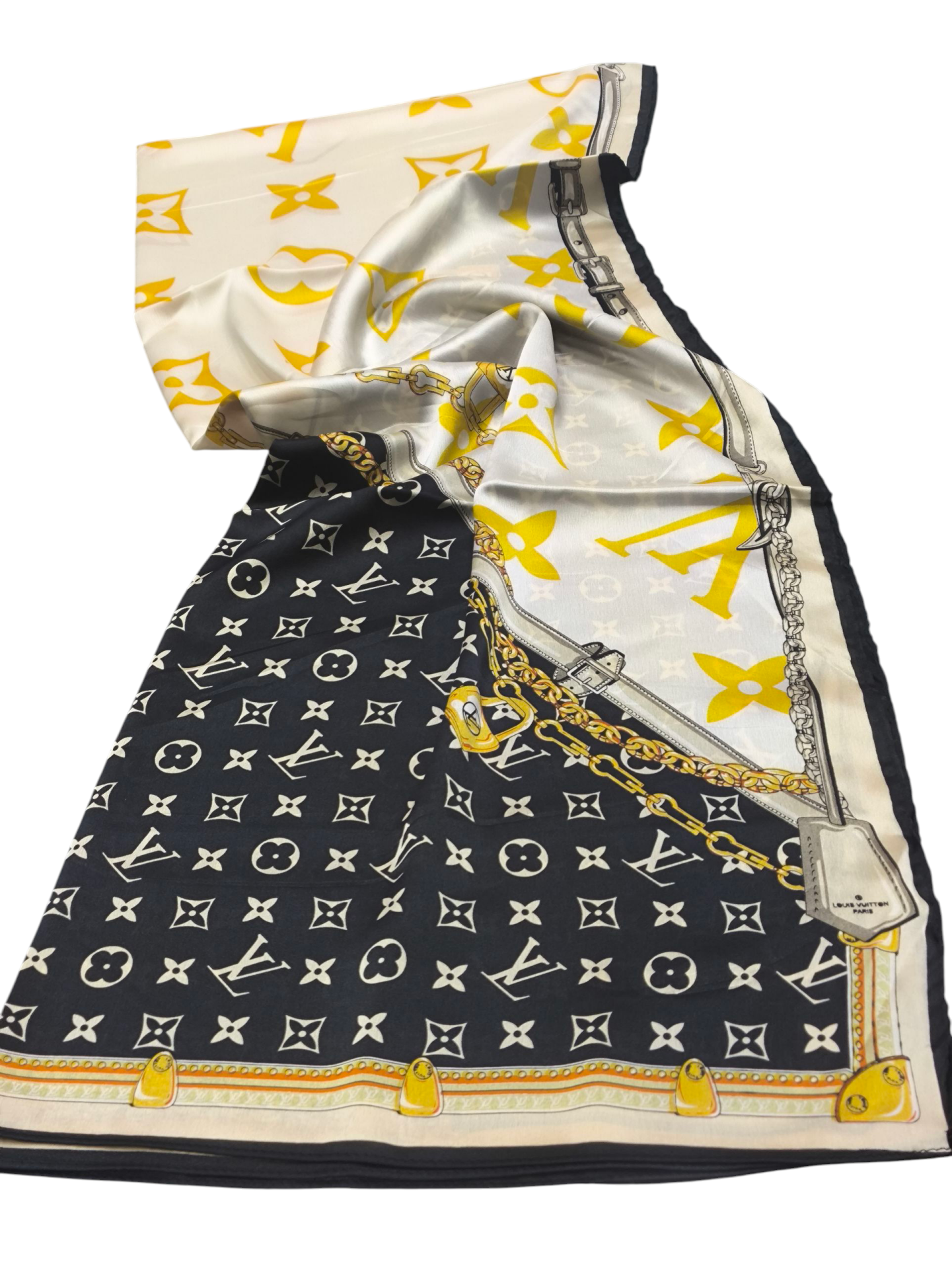 LV MODEL  VUAL İPEK ŞAL SİYAH GOLD KREM