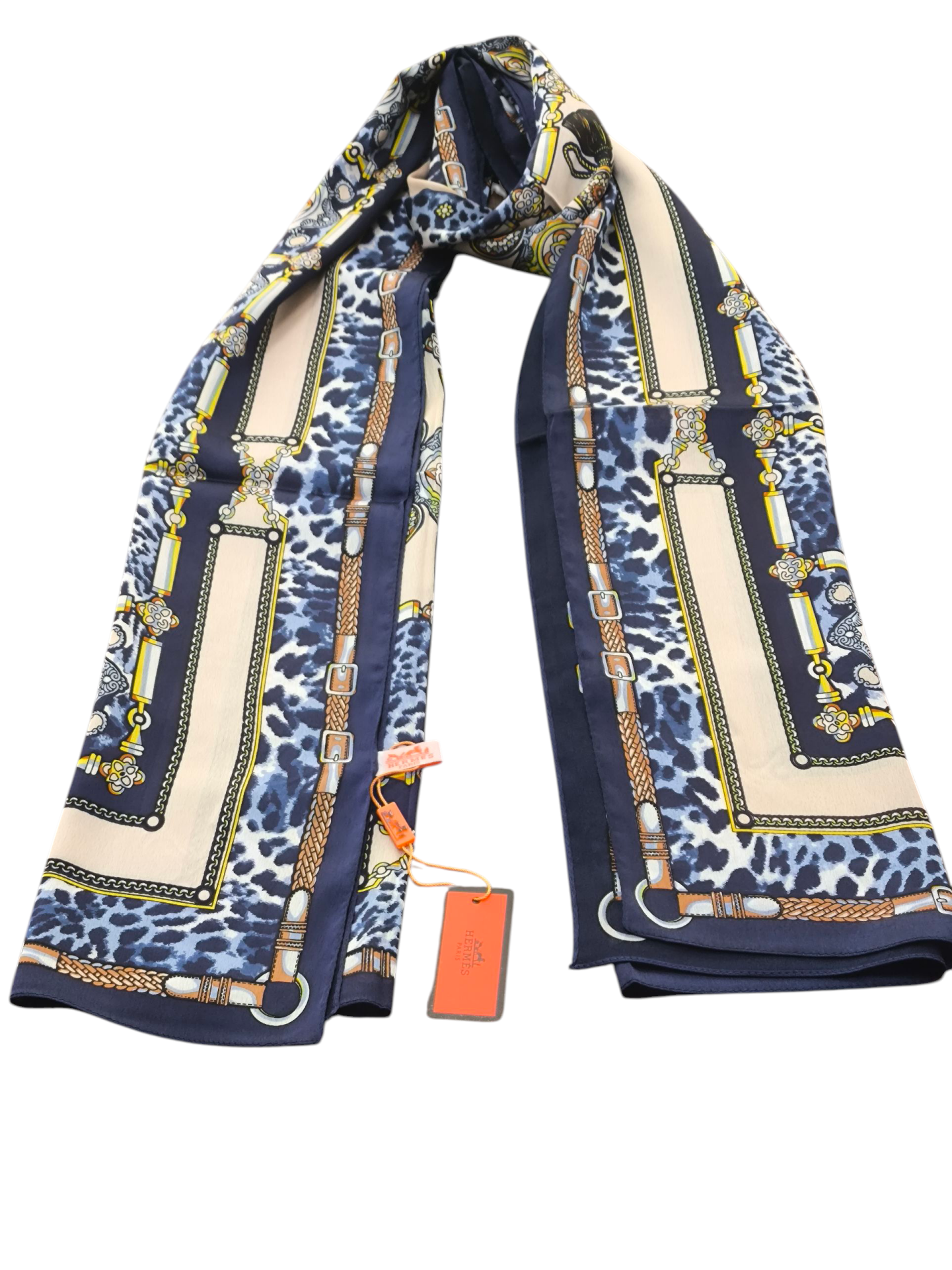 HERMES VUAL İPEK ŞAL LEOPAR DESENLİ LACİVERT MAVİ