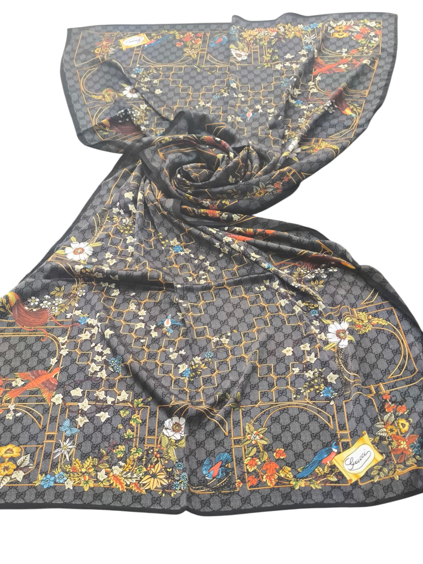 VUAL İPEK ŞAL ÇİÇEKLİ  G BASKILI SİYAH