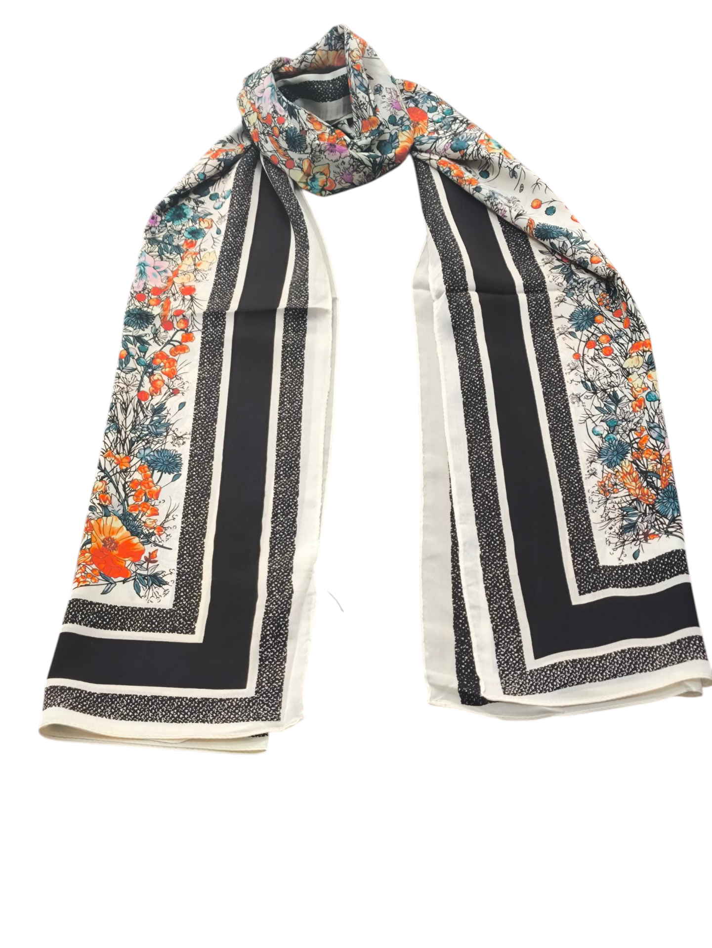 VUAL İPEK ŞAL ÇİÇEKLİ DESENLİ RENKLİ BEYAZ SİYAH