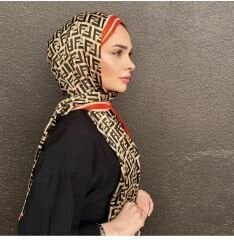 VUAL İPEK ŞAL  F DESEN SİYAH  KREM TURUNCU