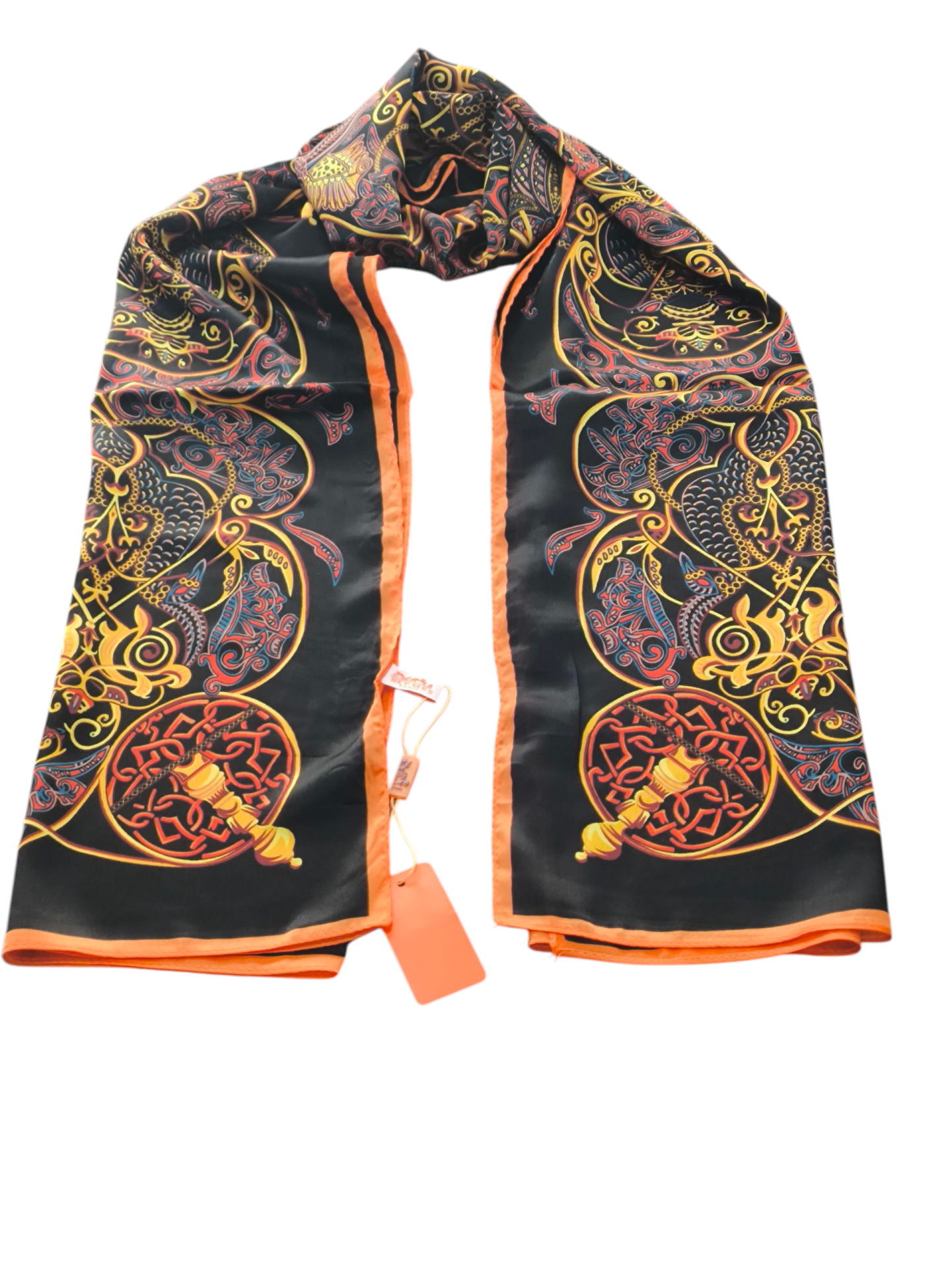 HERMES VUAL İPEK ŞAL KARIŞIK DESEN  SİYAH KOYU TURUNCU