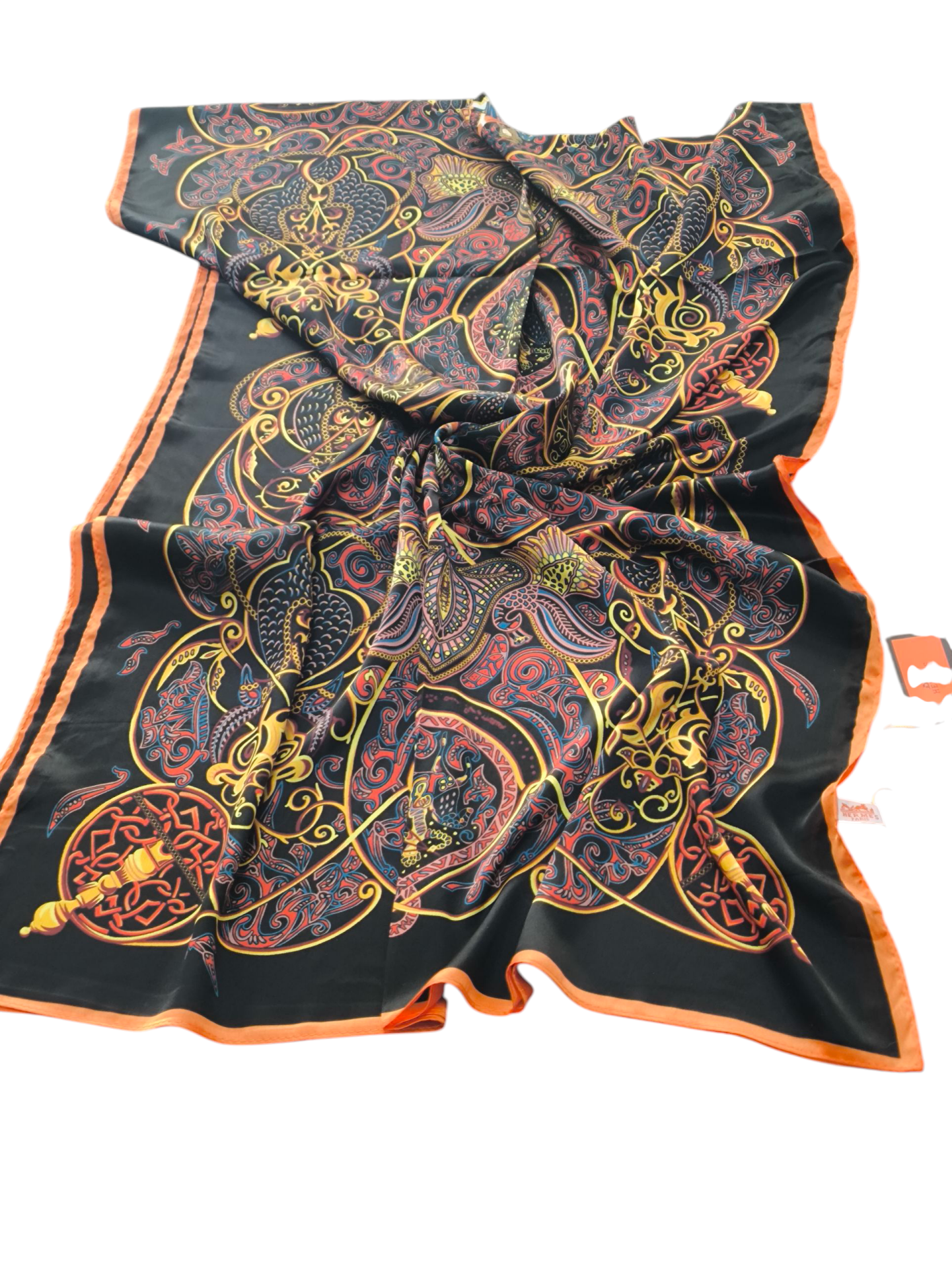 VUAL İPEK ŞAL KARIŞIK DESEN  SİYAH KOYU TURUNCU