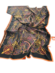 HERMES VUAL İPEK ŞAL KARIŞIK DESEN  SİYAH KOYU TURUNCU