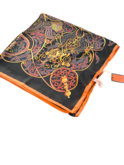 HERMES VUAL İPEK ŞAL KARIŞIK DESEN  SİYAH KOYU TURUNCU