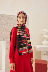 CARDİON MEDİNE İPEĞİ ŞAL PASTEL MODEL SİYAH KIRMIZI