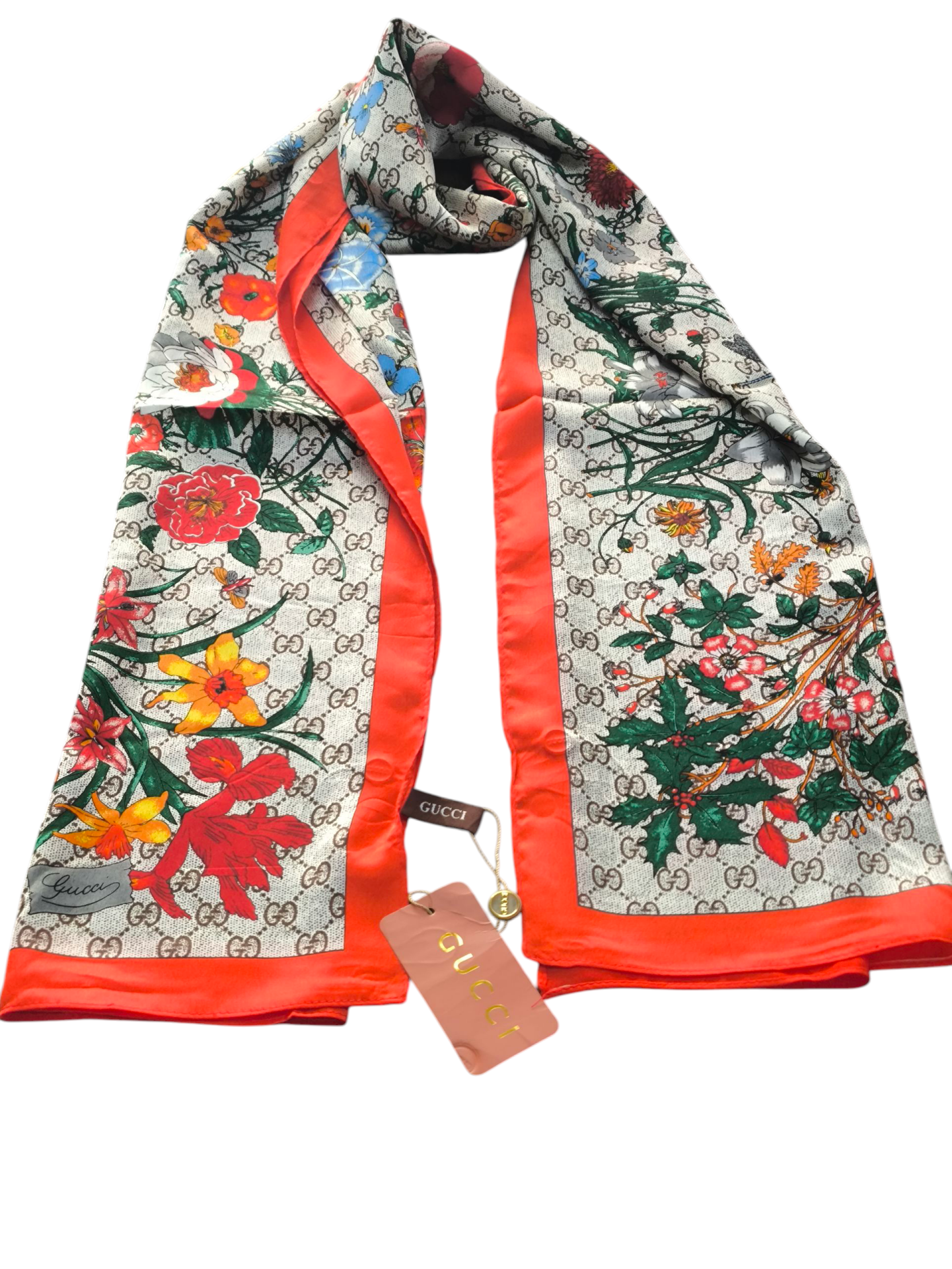 GUCCİ VUAL İPEK ŞAL ÇİÇEKLİ  G BASKILI NAR ÇİÇEĞİ VİZON