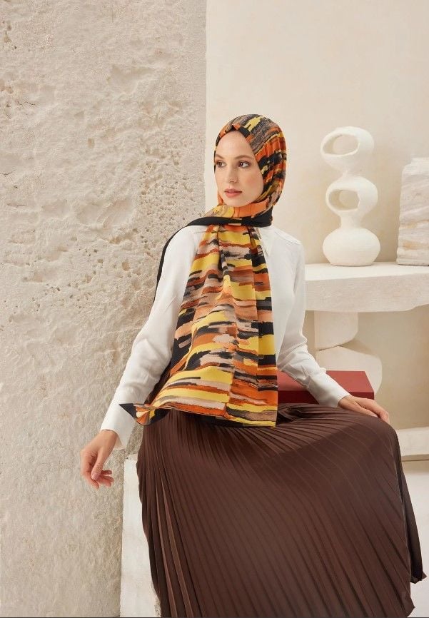 CARDİON MEDİNE İPEĞİ ŞAL PASTEL MODEL SARI TURUNCU SİYAH