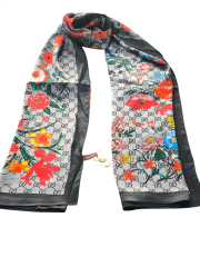 GUCCİ VUAL İPEK ŞAL ÇİÇEKLİ  G BASKILI SİYAH GRİ