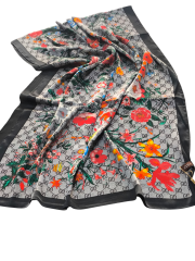 GUCCİ VUAL İPEK ŞAL ÇİÇEKLİ  G BASKILI SİYAH GRİ