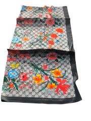 GUCCİ VUAL İPEK ŞAL ÇİÇEKLİ  G BASKILI SİYAH GRİ