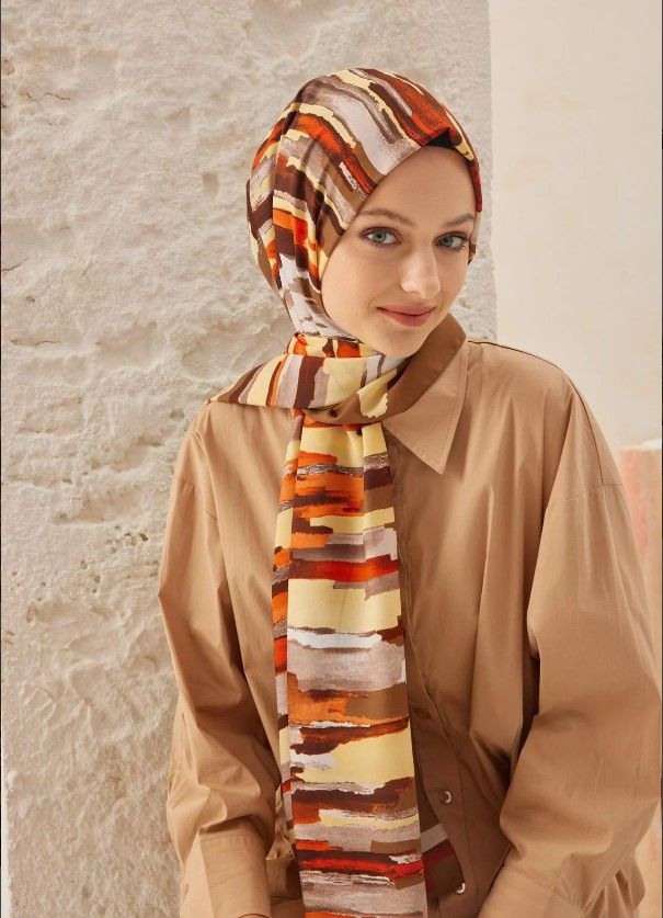 CARDİON MEDİNE İPEĞİ ŞAL PASTEL MODEL KREM KİREMİT