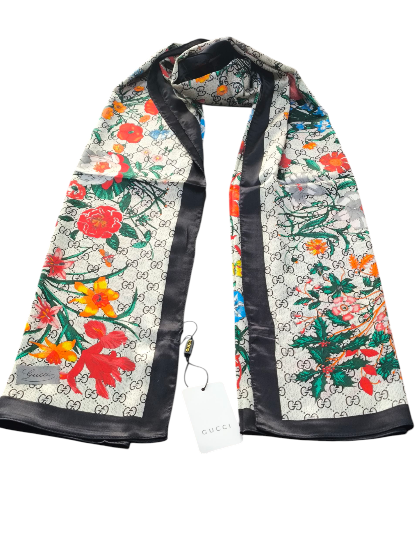 GUCCİ VUAL İPEK ŞAL ÇİÇEKLİ  G BASKILI SİYAH KREM