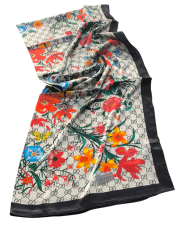 GUCCİ VUAL İPEK ŞAL ÇİÇEKLİ  G BASKILI SİYAH KREM