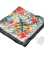GUCCİ VUAL İPEK ŞAL ÇİÇEKLİ  G BASKILI SİYAH KREM
