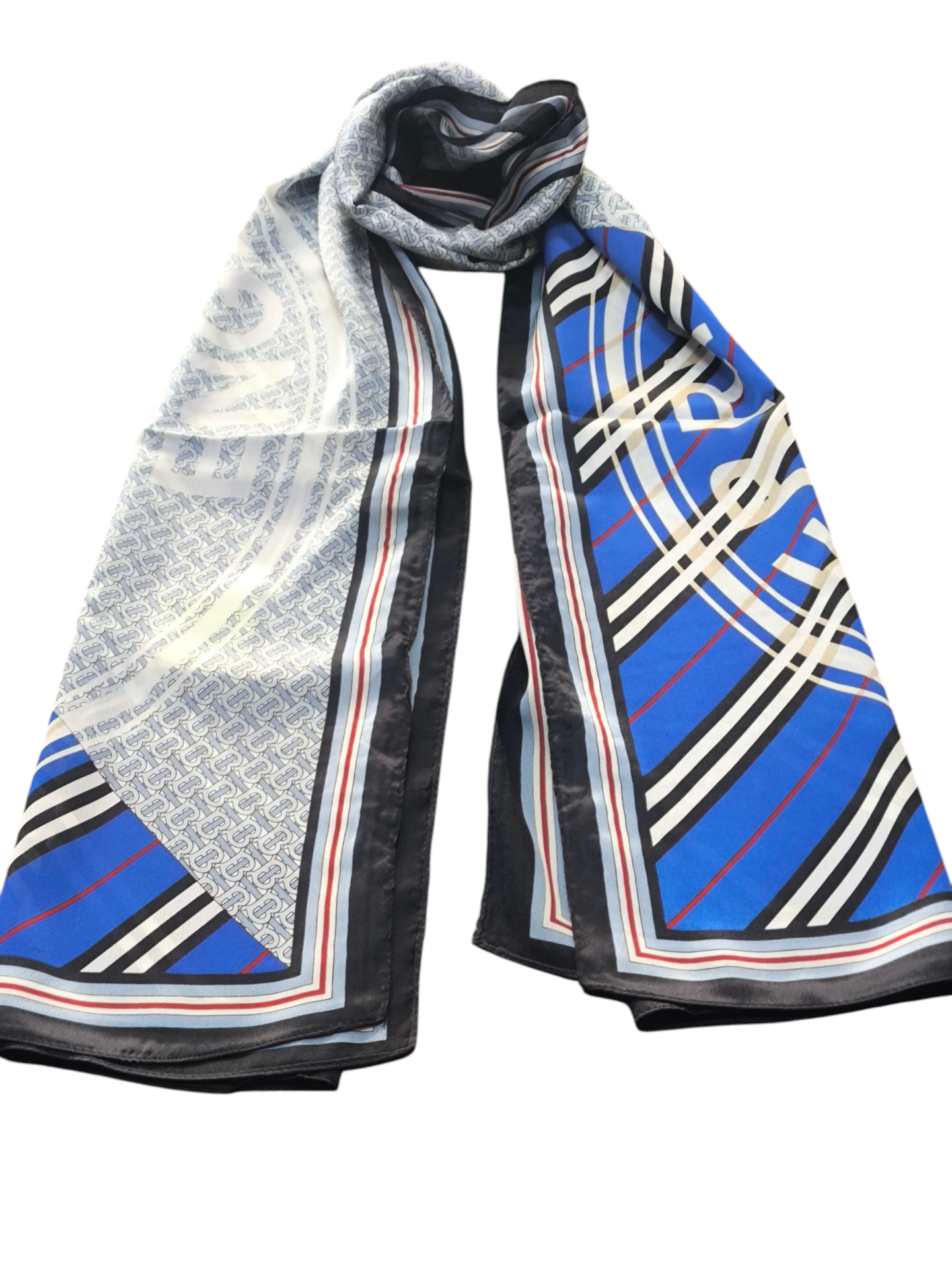 BURBERRY  VUAL İPEK ŞAL YAZILI DESEN SİYAH SAKS MAVİSİ
